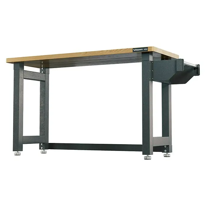 Wisent Werkbank - L x B: 182,5 x 63 cm, Arbeitshöhe: 96 cm, Belastbarkeit: 450 kg, Grau - Eine robuste Werkbank mit einer hellen Holzplatte und einem stabilen, grauen Metallgestell für vielfältige Arbeiten.