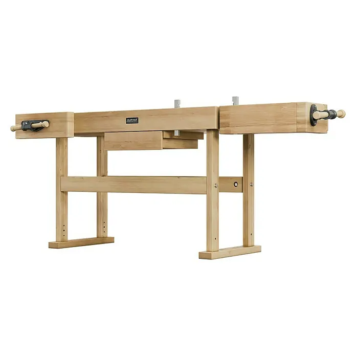 Ramia Hobelbank Premium 1 - L x B: 2.120 x 760 mm, Arbeitshöhe: 860 mm, Holz - Eine hölzerne Hobelbank mit Schublade und Schraubstock in der Nahaufnahme, ideal für jede Werkstatt. Die robuste Konstruktion bietet Stabilität.