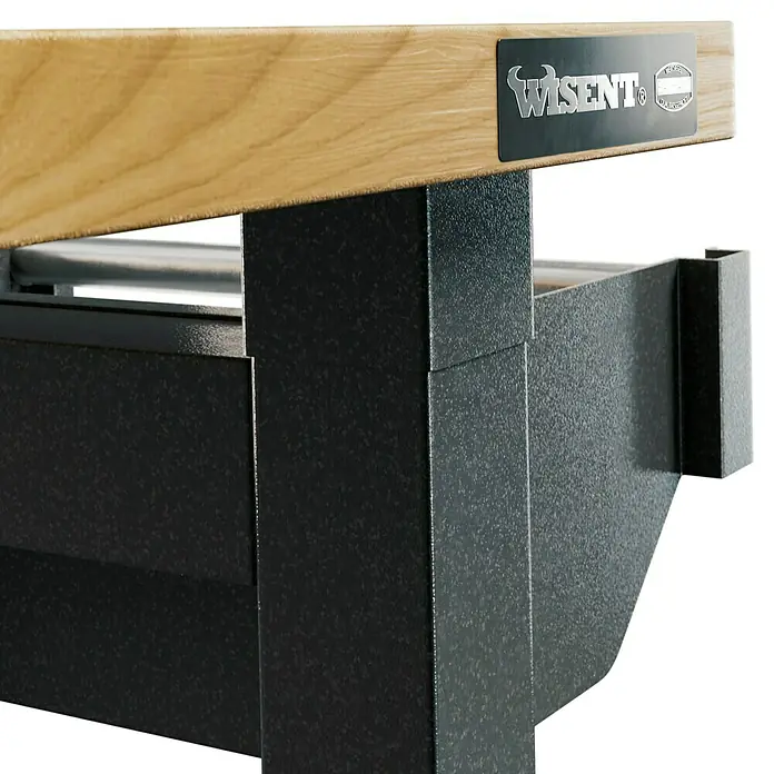 Wisent Werkbank - L x B: 182,5 x 63 cm, Arbeitshöhe: 96 cm, Belastbarkeit: 450 kg, Grau - Detailaufnahme eines eleganten Wisent Tisches mit einer Tischplatte aus Holz und einem Gestell aus dunklem Metall.