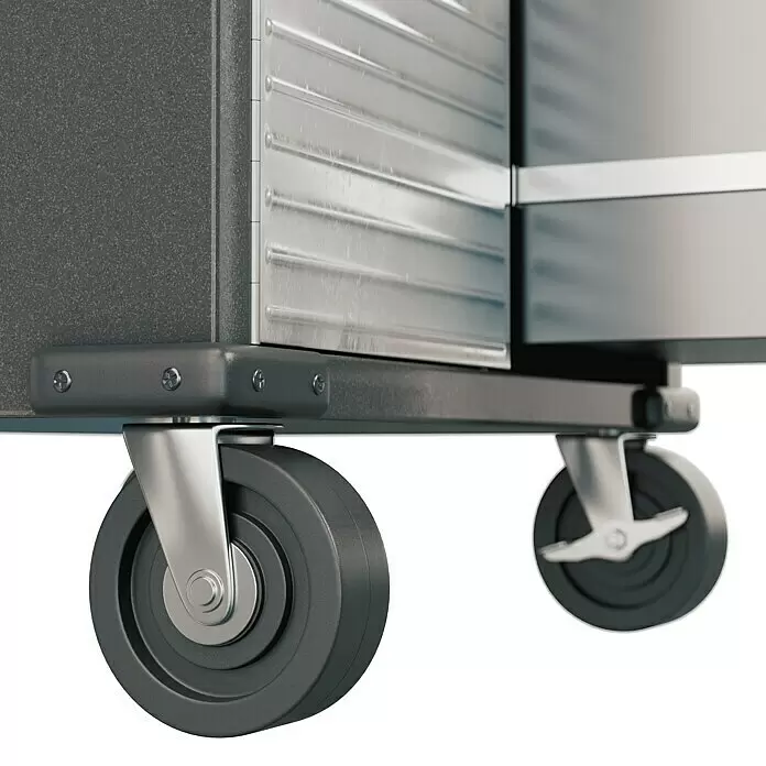 Wisent Werkstattwagen - L x B x H: 51 x 71 x 88 cm, Anzahl Schubladen: 4 Stk., Stahl - Nahaufnahme eines dunkelgrauen Rollwagens mit silbernen Metallrollen und dunkelgrauen Rädern.