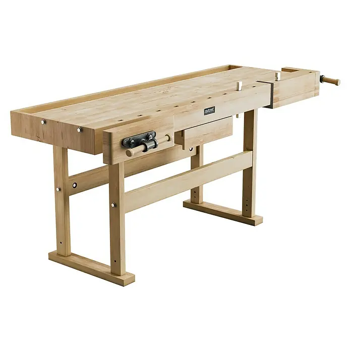 Ramia Hobelbank Premium 1 - L x B: 2.120 x 760 mm, Arbeitshöhe: 860 mm, Holz - Eine hölzerne Hobelbank mit Schraubstock und Ablage. Ideal für Werkstätten, mit robustem Design.