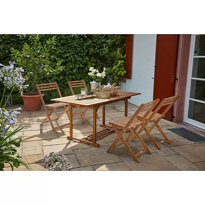 Sunfun Gartenmöbel-Set Diana - 5 -tlg., Holz, Naturbraun, Tischplatte ausziehbar - Stimmungsaufnahme