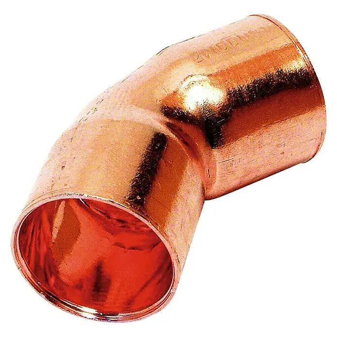 Curva de cobre H-H - 22 mm, Ángulo: 45 °, 2 ud. - Codo de cobre, un accesorio para instalaciones de fontanería y calefacción, superficie brillante, conecta tubos en un ángulo de 45 grados.