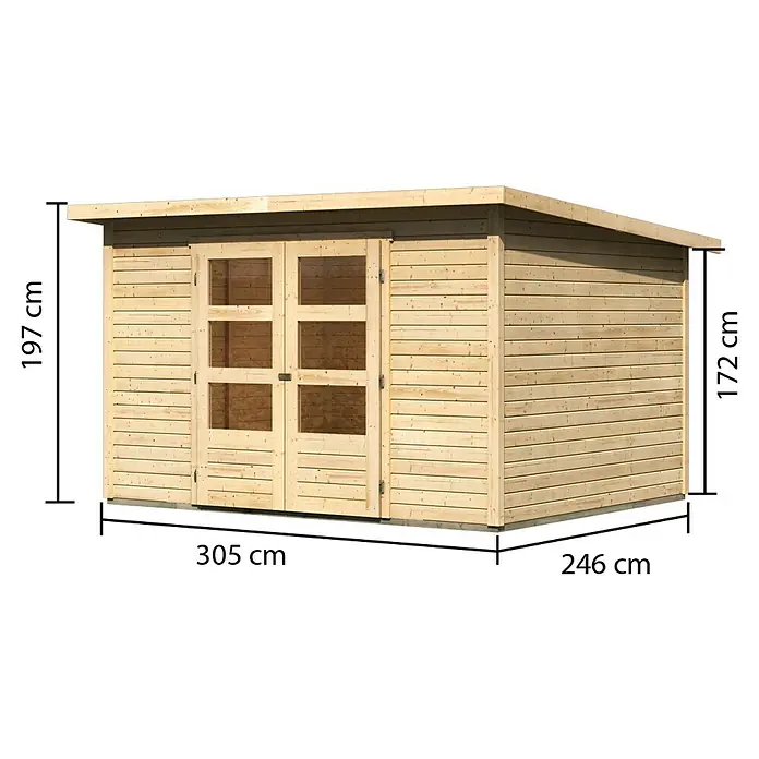 Karibu Gartenhaus Stockach 5 - Außenmaß inkl. Dachüberstand (B x T): 330 x 282 cm, Holz, Natur - Abbildung eines Holzgartenschuppens mit Flachdach und Doppeltür, versehen mit Maßangaben zu Höhe, Breite und Tiefe.
