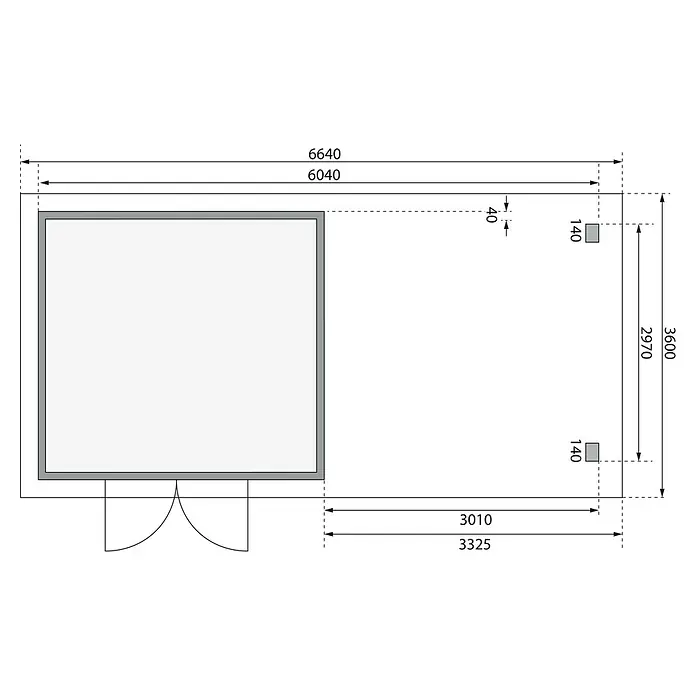 Karibu Gartenhaus Northeim 3 - Außenmaß inkl. Dachüberstand (B x T): 664 x 360 cm, Holz, Natur - Grundrisszeichnung eines Hauses mit detaillierten Maßen, einschließlich der Wandstärken und Türpositionen, für Bauplanungszwecke.