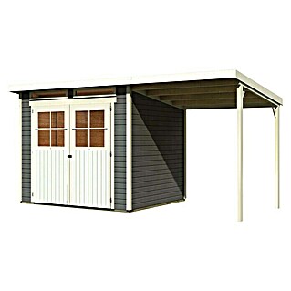 Karibu Gartenhaus Askola 6 (Außenmaß inkl. Dachüberstand (B x T): 334 x 331 cm, Holz, Terragrau, Mit Seitendach)