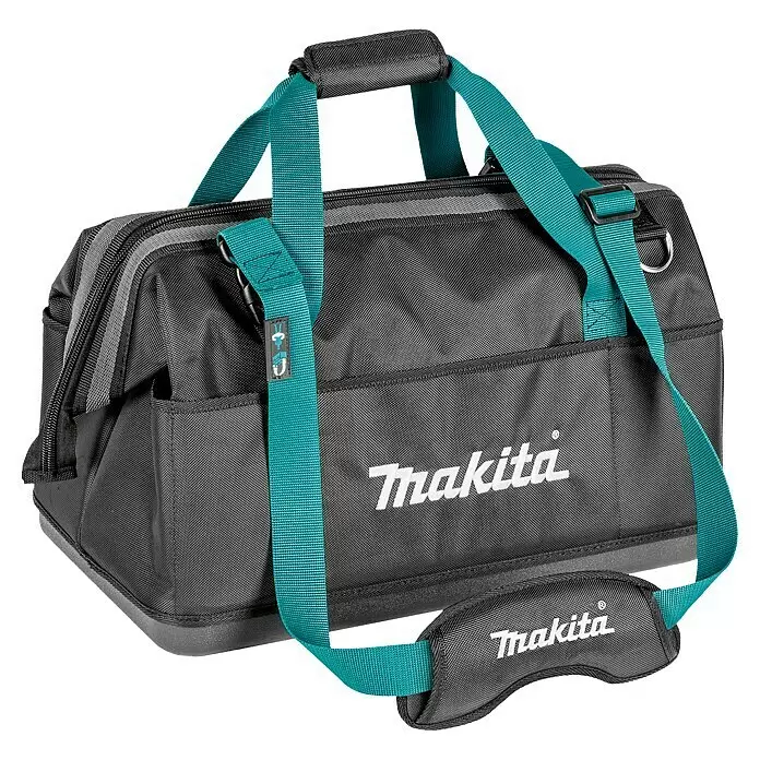 Makita Werkzeugtasche E-15425 - L x B x H: 510 x 295 x 280 mm, 34 l, Ohne Werkzeug - Robuste Makita Werkzeugtasche aus schwarzem und grauem Stoff mit türkisfarbenen Riemen und Griffen zum einfachen Werkzeugtransport.