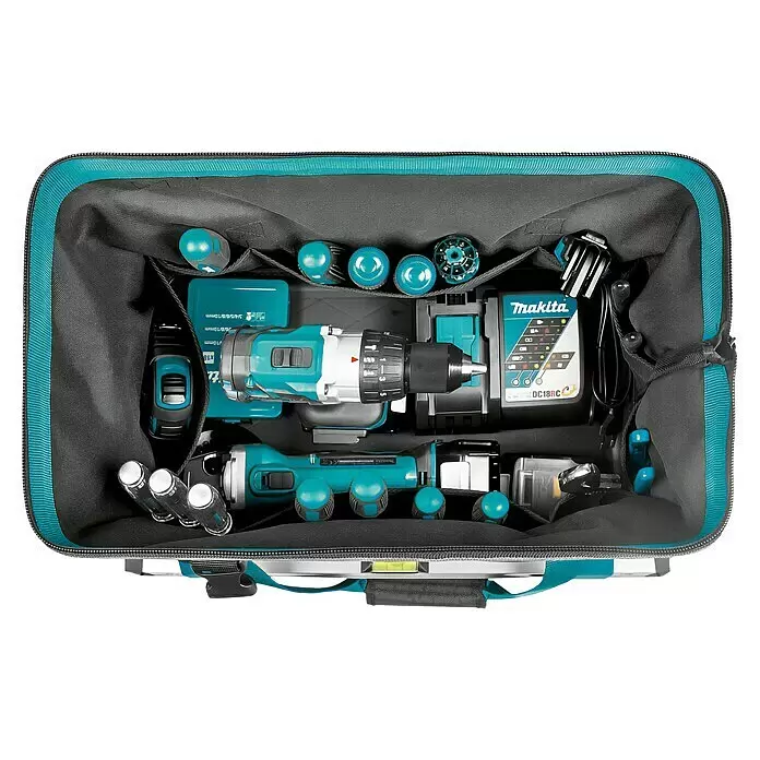 Makita Werkzeugtasche E-15425 - L x B x H: 510 x 295 x 280 mm, 34 l, Ohne Werkzeug - Makita Werkzeugtasche gefüllt mit türkisen und schwarzen Akku-Werkzeugen, Ladegerät, Akku und Zubehör.