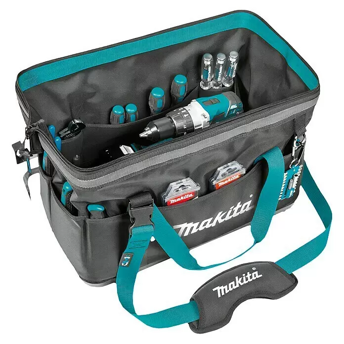 Makita Werkzeugtasche E-15425 - L x B x H: 510 x 295 x 280 mm, 34 l, Ohne Werkzeug - Offene Makita Werkzeugtasche in Grau und Türkis, gefüllt mit Akkubohrer, Schraubendrehern und Akkus.