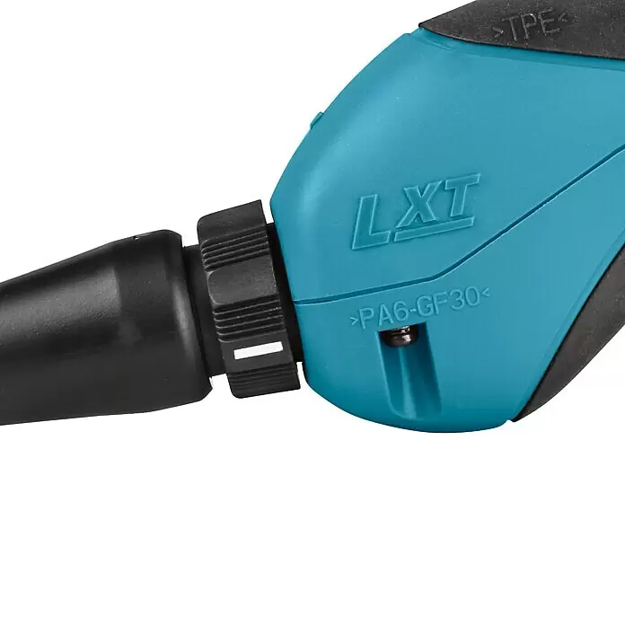 Makita LXT 18V Akku-Astschere DUP361Z -  - Nahaufnahme eines türkis-schwarzen Werkzeugaufsatzes mit LXT-Logo sowie PA6-GF30 und TPE Materialkennzeichnung.