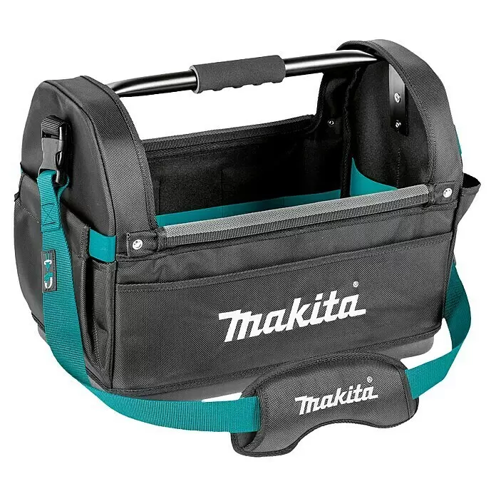 Makita Werkzeugtasche offen E-15403 - 490 x 310 x 355 mm - Schwarze Makita Werkzeugtasche mit türkisen Akzenten, offenem Fach, Metallgriff und Schultergurt.