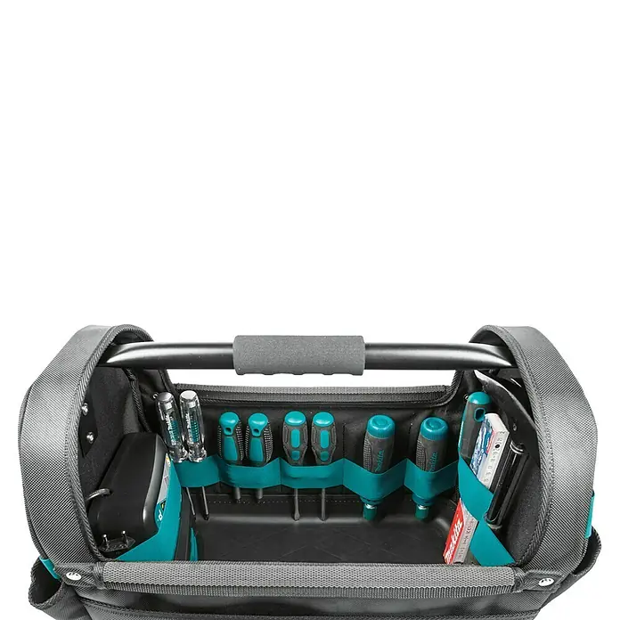 Makita Werkzeugtasche offen E-15403 - 490 x 310 x 355 mm - Der Werkzeugträger ist mit Werkzeugen wie Schraubenziehern bestückt, die ordentlich in Fächern verstaut sind. Praktische Aufbewahrung für Handwerker!