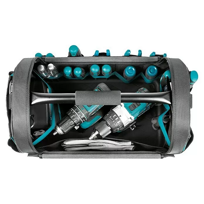 Makita Werkzeugtasche offen E-15403 - 490 x 310 x 355 mm - Offene graue und türkise Werkzeugtasche mit zwei Akkuschraubern und weiteren Werkzeugen in Seitenfächern.