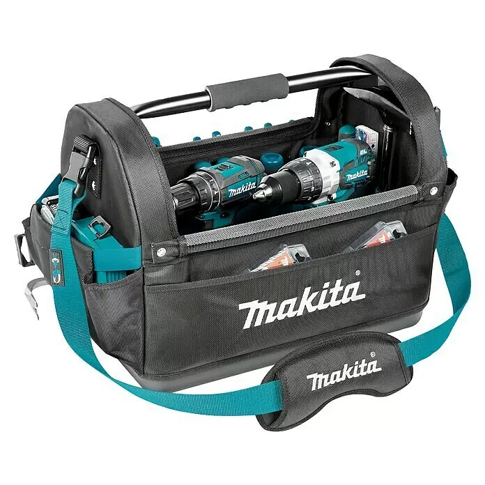 Makita Werkzeugtasche offen E-15403 - 490 x 310 x 355 mm - Makita Werkzeugtasche in Schwarz und Türkis mit Metallgriff, enthält zwei Bohrmaschinen und Zubehör in Vordertaschen, mit Schultergurt.