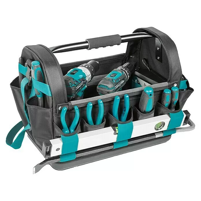 Makita Werkzeugtasche offen E-15403 - 490 x 310 x 355 mm - Grau-schwarze Werkzeugtasche mit türkisen Akzenten, gefüllt mit Akkuschraubern, Schraubenziehern, Zangen und Wasserwaage.