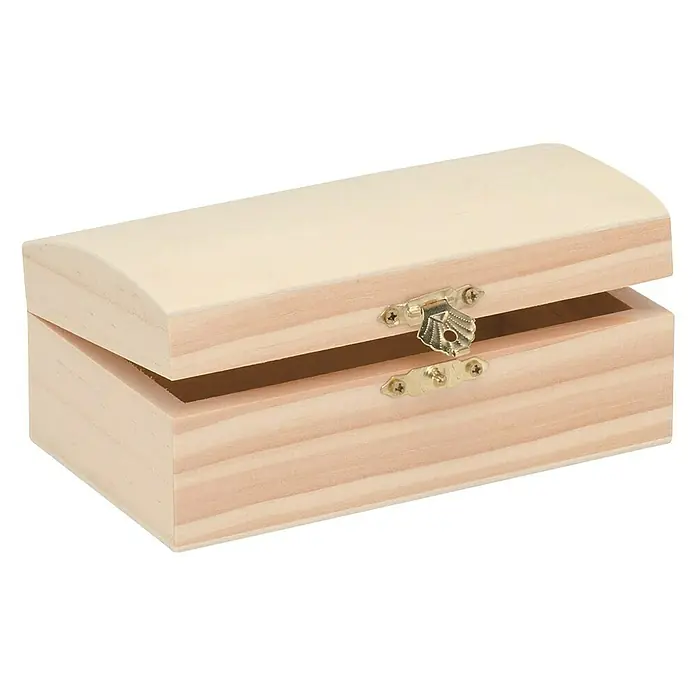 Glorex Barock-Kassette - 14 x 8 x 6,3 cm, Holz - Geöffnete, unbehandelte Holzkiste mit abgerundetem Deckel und goldenem Verschluss zur individuellen Gestaltung.