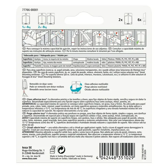 Tesa Clavo adhesivo - Blanco, Carga soportada: 4 kg, 2 ud. - Clavos adhesivos Tesa: alternativa práctica a tornillos y clavos, para fijar objetos de forma rápida, sencilla y segura.