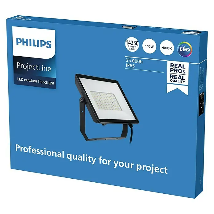 Philips Proyector LED Project Line - 150 W, Negro, Blanco neutro - Embalaje de un foco LED para exteriores Philips ProjectLine, con 14250 lúmenes, 150W, 4000K y protección IP65 para uso profesional.