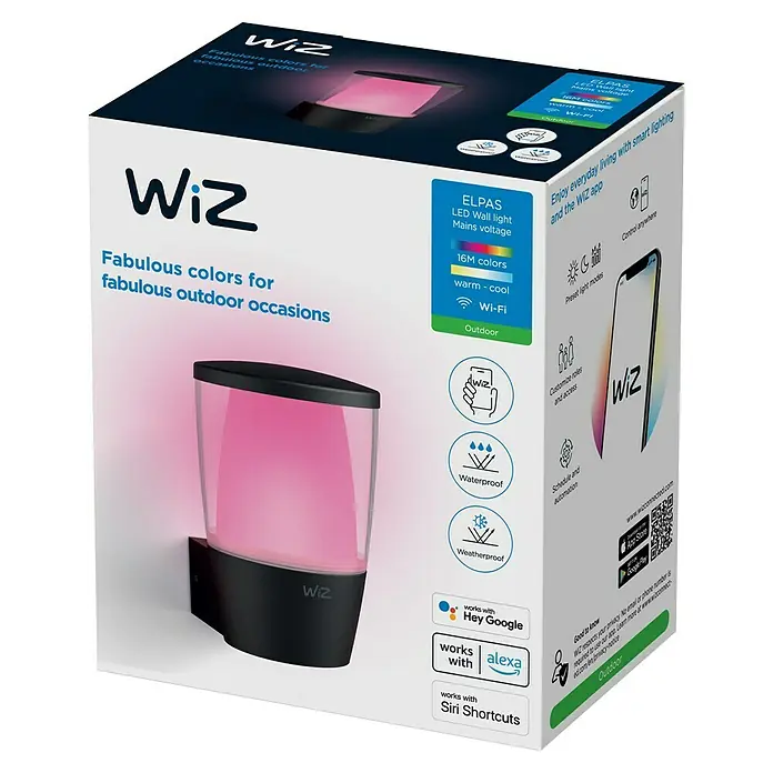 Philips Wiz Aplique exterior LED Elpas - 8,5 W, 13,4 x 10,9 x 16,4 cm, Negro, IP44, RGBW - Imagen del embalaje de una lámpara de pared LED inteligente para exteriores ELPAS que muestra sus características.