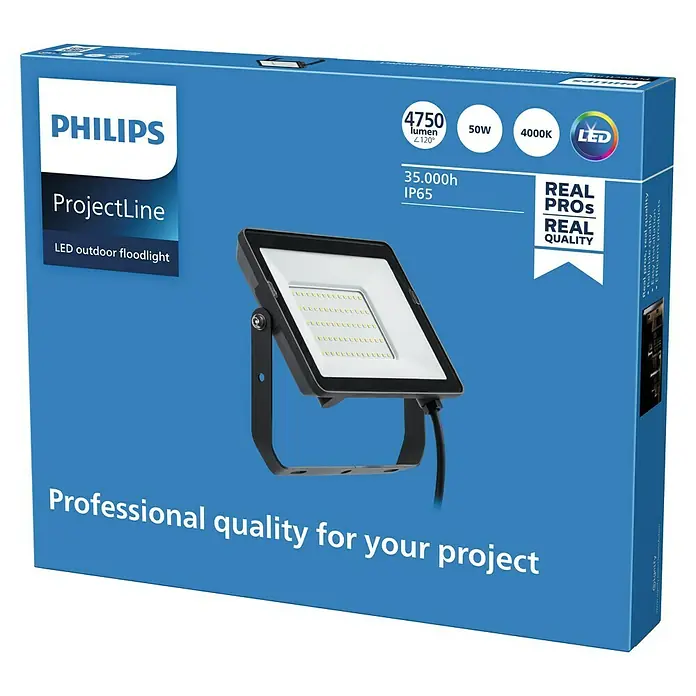 Philips Proyector LED Project Line - 50 W, Negro, Blanco neutro - Imagen de un foco LED para exteriores Philips ProjectLine, 4750 lúmenes, 50W, 4000K, con una vida útil de 35.000 horas y protección IP65.