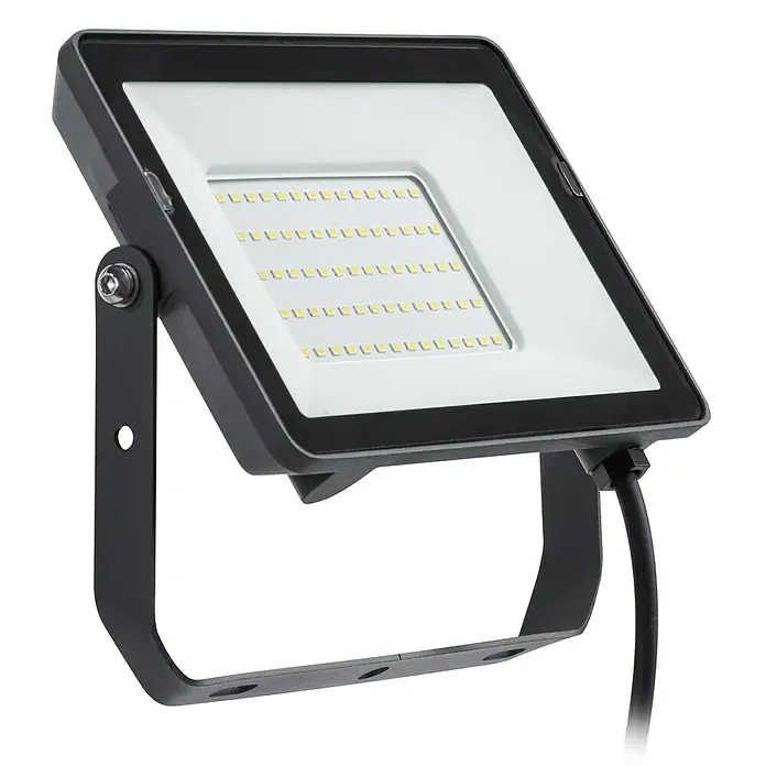 Philips Proyector LED Project Line - 50 W, Negro, Blanco neutro - Primer plano de un foco LED con marco negro y soporte de montaje, que irradia una iluminación brillante y eficiente.