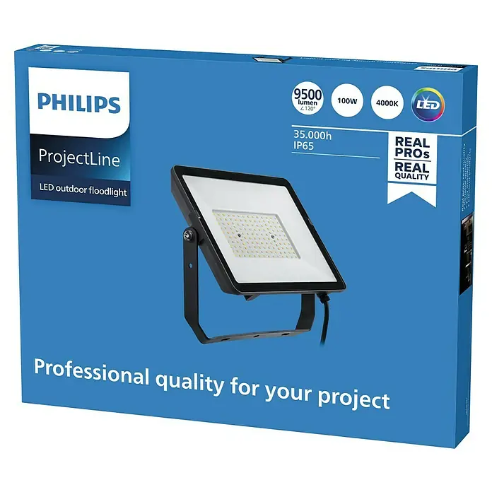 Philips Proyector LED Project Line - 100 W, Negro, Blanco neutro - Primer plano del embalaje de un foco LED para exteriores Philips ProjectLine, que promete calidad profesional para proyectos.
