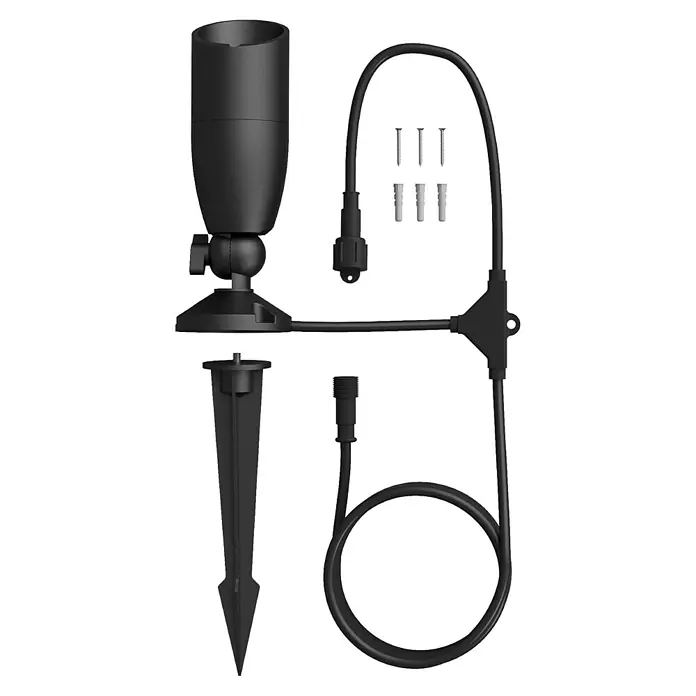 Philips Wiz LED-Gartenstrahler Erweiterungsset - IP65, LED, 1 Stk. - Ein schwarzer Gartenstrahler mit Erdspieß und Kabel, inklusive Schrauben und Dübel für die Montage im Außenbereich.