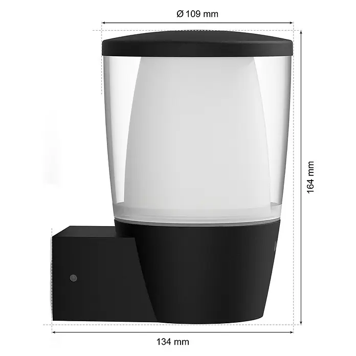 Philips Wiz LED-Außenwandleuchte Elpas - 8,5 W, 13,4 x 10,9 x 16,4 cm, IP44, RGBW - Nahaufnahme einer modernen schwarzen Wandleuchte mit weißem Lampenschirm und klarem Gehäuse.