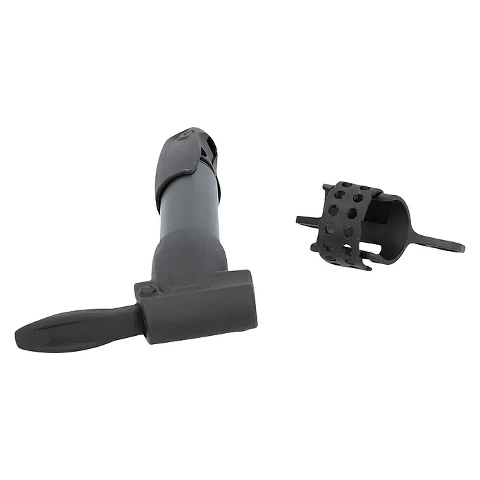 SKS Mini-Luftpumpe Infusion - Geeignet für: Ventile - Das Bild zeigt einen schwarzen Trinkwasserhahn mit einem Zubehörteil. Der Hahn ist abgewinkelt und hat einen Hebel.