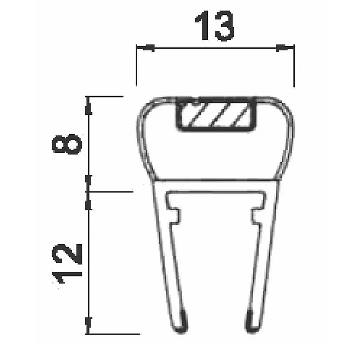 Perfil de sellado magnético recto cuña S 5-6-8 - L x An x Al: 200 cm x 13 mm x 20 mm - Diagrama de un perfil con dimensiones de 13, 8 y 12 mm, que ilustra las medidas del producto.\n