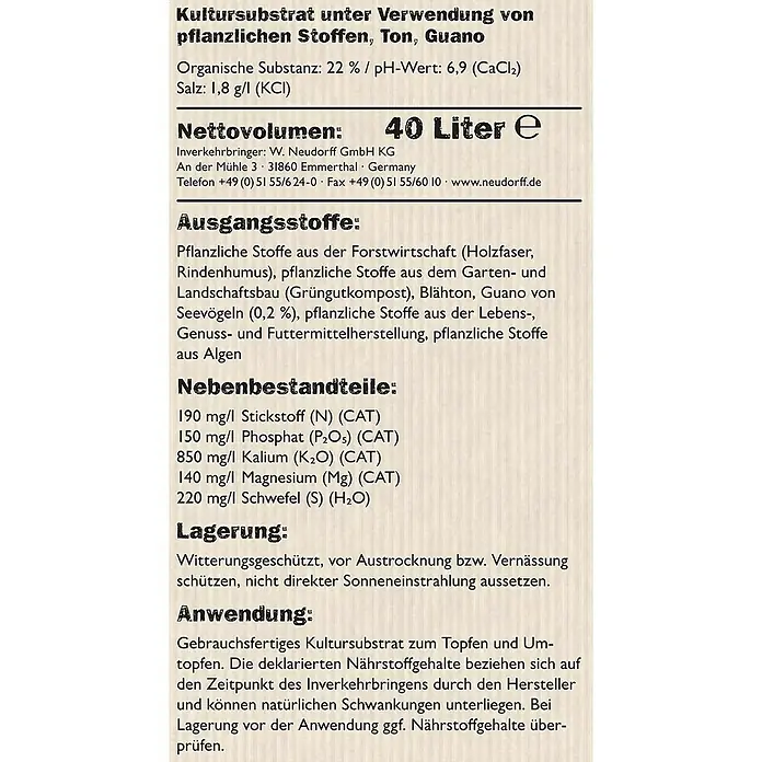 Neudorff NeudoHum Tomaten- & Gemüseerde - 40 l, Torffrei - Informationen zum Kultursubstrat von Neudorff, einer Erdmischung mit pflanzlichen Stoffen, Ton und Guano für Pflanzen.