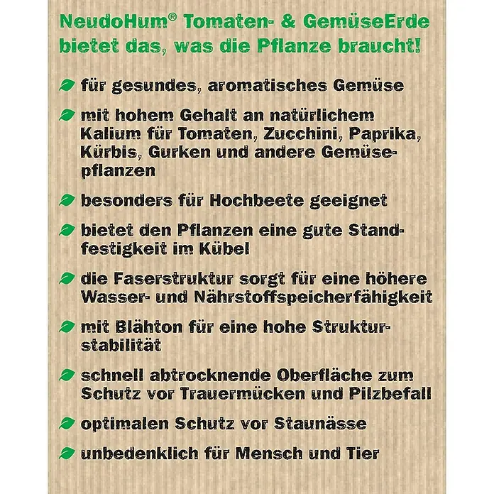 Neudorff NeudoHum Tomaten- & Gemüseerde - 40 l, Torffrei - Abbildung der NeudoHum Tomaten- & GemüseErde, die alles bietet, was die Pflanze braucht für gesundes und aromatisches Gemüse.