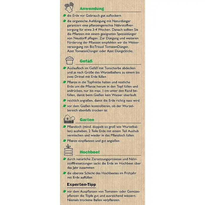 Neudorff NeudoHum Tomaten- & Gemüseerde - 40 l, Torffrei - Anleitung zur Anwendung, Gefäße befüllen, Garten bepflanzen, Hochbeet befüllen und Experten-Tipps für Tomaten- und Gemüsepflanzen.