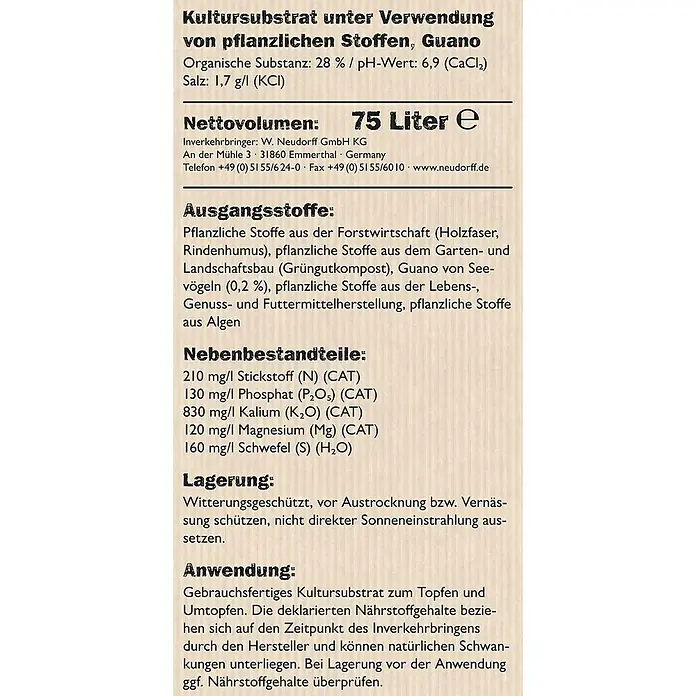 Neudorff NeudoHum Hochbeeterde - 75 l - Das Bild zeigt eine detaillierte Produktbeschreibung von Kultursubstrat mit pflanzlichen Stoffen und Guano, inklusive Inhaltsstoffe und Anwendungshinweise.