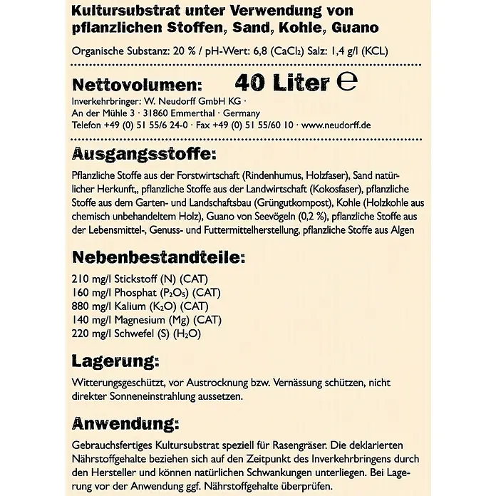 Neudorff NeudoHum Rasenerde - 40 l - Kultursubstrat mit pflanzlichen Stoffen, Sand, Kohle, Guano. Organische Substanz: 20%, pH-Wert: 6,8, Salz: 1,4 g/l, Netto: 40 Liter.