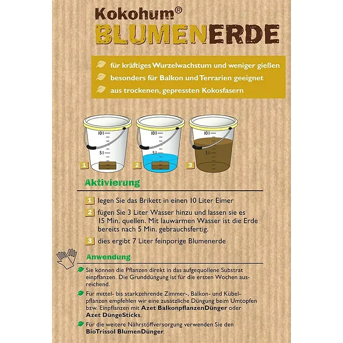 Neudorff KokoHum Blumenerde - 7 l - Bildanleitung für Kokohum Blumenerde: Brikett in Eimer legen, Wasser hinzufügen, quellen lassen. Ergibt 7 Liter gebrauchsfertige, feine Blumenerde.