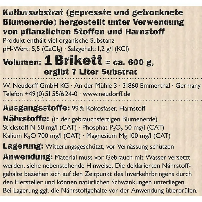 Neudorff KokoHum Blumenerde - 7 l - Kultursubstrat-Produktinfo: Gepresste Blumenerde mit pflanzlichen Stoffen und Harnstoff. 1 Brikett ergibt 7 Liter Substrat. Zusammensetzung und Anwendungshinweise.