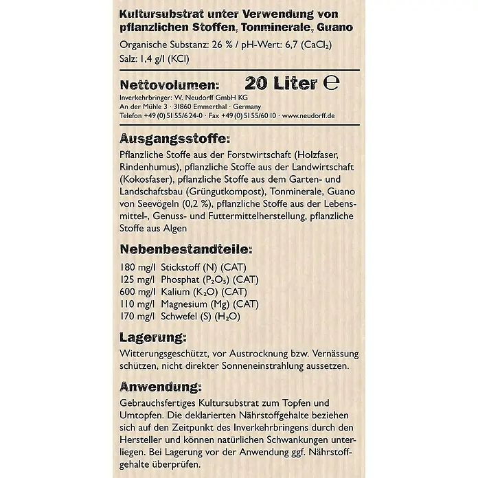 Neudorff NeudoHum Blumenerde - 20 l, Torffrei - Detailansicht eines Etiketts mit Informationen zum Kultursubstrat, einschließlich Inhaltsstoffe und Anwendungshinweise.