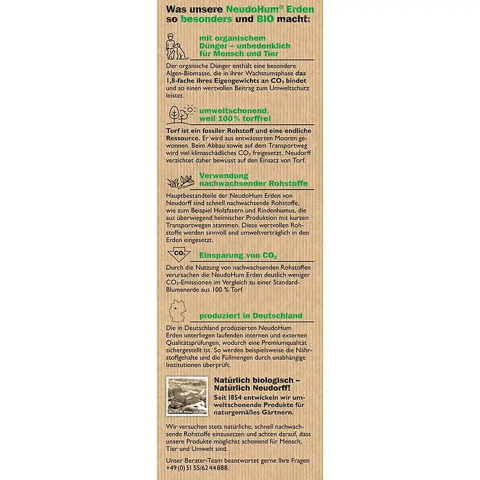 Neudorff NeudoHum Pflanzerde - 75 l - Informationen zu NeudoHum®-Erden: Organischer Dünger, torffrei, Verwendung nachwachsender Rohstoffe, CO2-Einsparung, Produktion in Deutschland.