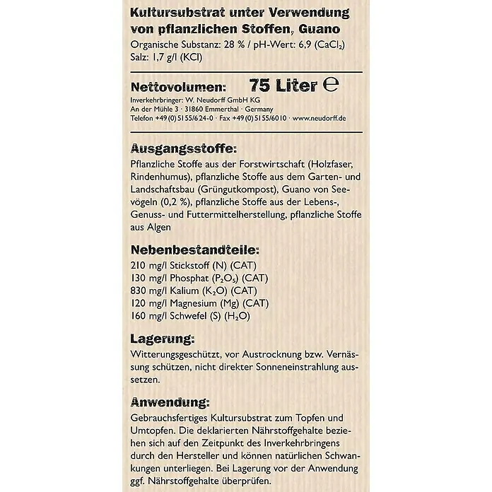 Neudorff NeudoHum Pflanzerde - 75 l - Detailansicht eines Kultursubstrats von Neudorff mit Guano, Inhaltsstoffen und Anwendungshinweisen für Hobbygärtner.