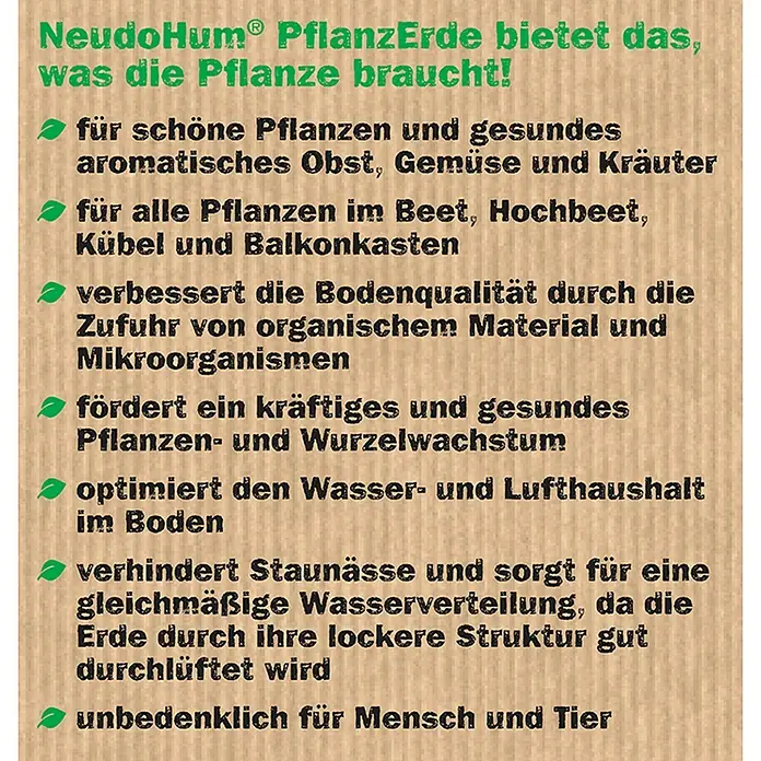 Neudorff NeudoHum Pflanzerde - 75 l - NeudoHum® PflanzErde bietet alles für gesunde Pflanzen: aromatisches Obst, Gemüse und Kräuter. Ideal für Beet, Kübel und Balkonkasten.