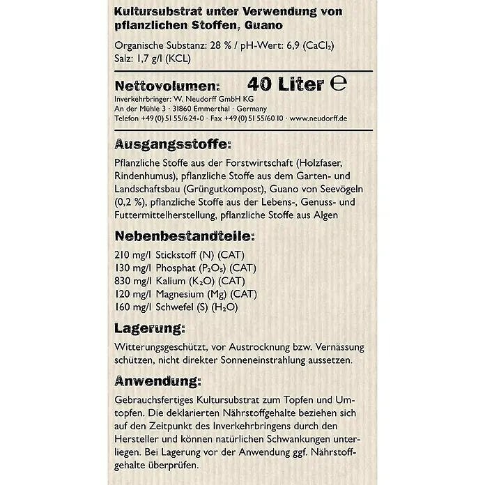 Neudorff NeudoHum Bio-Pflanzerde - 40 l - Produktinformationen: Kultursubstrat mit pflanzlichen Stoffen und Guano, 40 Liter. Zusammensetzung und Anwendungshinweise sind aufgeführt.