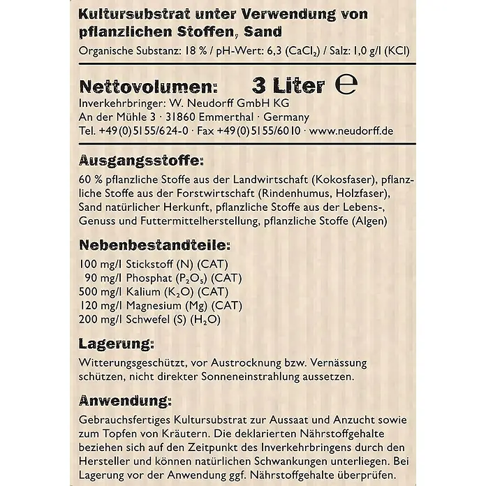 Neudorff NeudoHum Aussaat- & Kräutererde - 3 l - Kultursubstrat: Pflanzliches Substrat mit Sand, 3 Liter. Enthält organische Stoffe und Nährstoffe für Aussaat und Anzucht von Pflanzen.