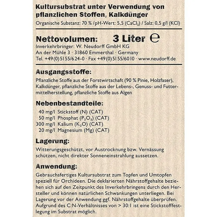Neudorff NeudoHum Orchideenerde - 3 l - Bild eines Etiketts von Kultursubstrat für Pflanzen, das Inhaltsstoffe und Anwendungshinweise auflistet.