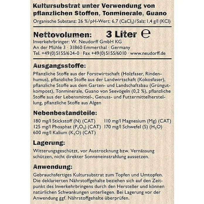 Neudorff NeudoHum Blumenerde - 3 l - Etikett eines Kultursubstrats, das pflanzliche Stoffe, Tonminerale und Guano enthält. Nettovolumen: 3 Liter.