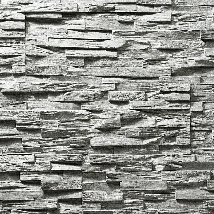 Panel de pared Benevento - 6 ud., 19 x 57 cm, Gris - Revestimiento de pared gris con textura de piedra irregular, ideal para interiores modernos.