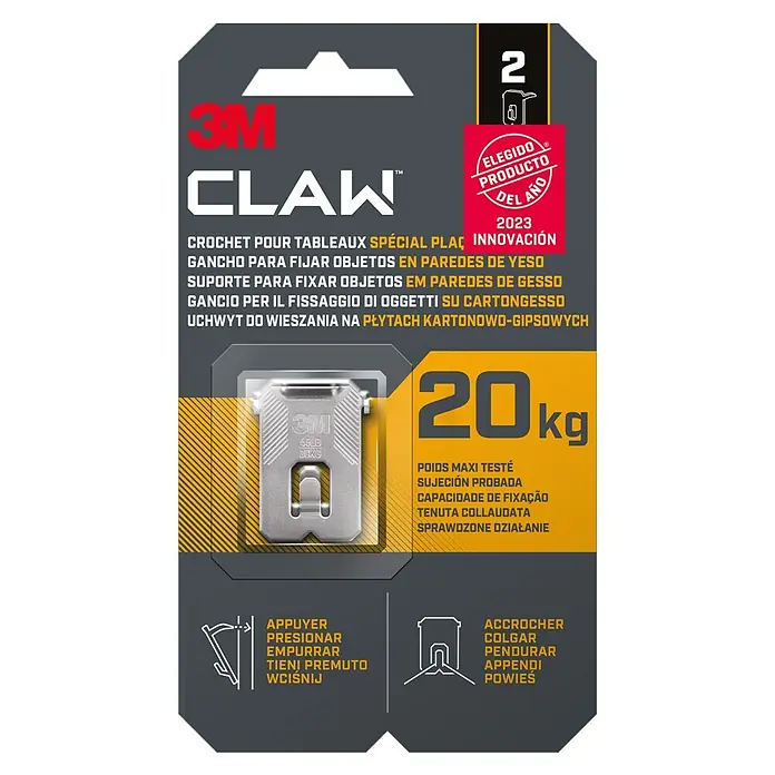 3M Claw Gancho para colgar cuadros - 2 ud., Capacidad de carga: 20 kg - Paquete de colgador de cuadros 3M Claw, soporta hasta 20 kg, ideal para paredes de yeso, contiene 2 unidades.