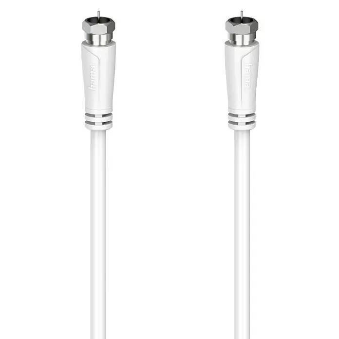 Hama Koaxialkabel - 5 m, Weiß, Schirmungsmaß: 90 dB - Bild von zwei weißen Hama-Antennenkabeln mit F-Stecker für eine optimale Signalübertragung und störungsfreie Verbindung.