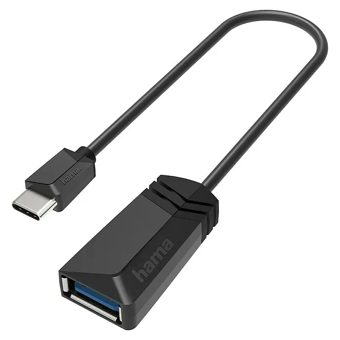 Hama USB-Adapter OTG USB 3.2 Gen1 - Schwarz, USB A-Kupplung, Bis zu 5 Gbit/s - Ein schwarzer Hama USB-C auf USB-A Adapter mit kurzem Kabel. Ermöglicht die Verbindung von Geräten mit unterschiedlichen USB-Anschlüssen.