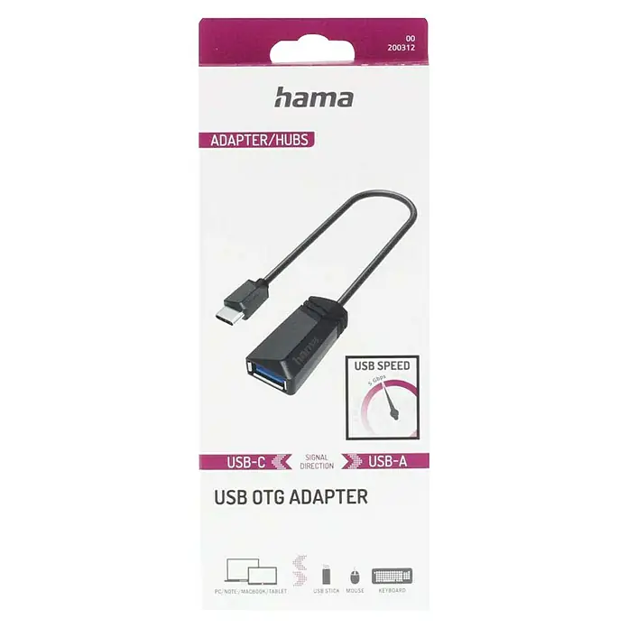 Hama USB-Adapter OTG USB 3.2 Gen1 - Schwarz, USB A-Kupplung, Bis zu 5 Gbit/s - Produktverpackung für einen Hama USB OTG Adapter. Der Adapter verbindet USB-C mit USB-A und unterstützt eine Geschwindigkeit von 5 Gbit/s.